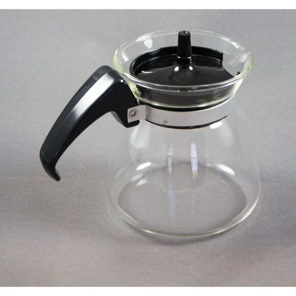Vintage Mini Single Serve 4" Clear Glass Carafe Black Top Coffee Tea Syrup - Picture 3 of 10